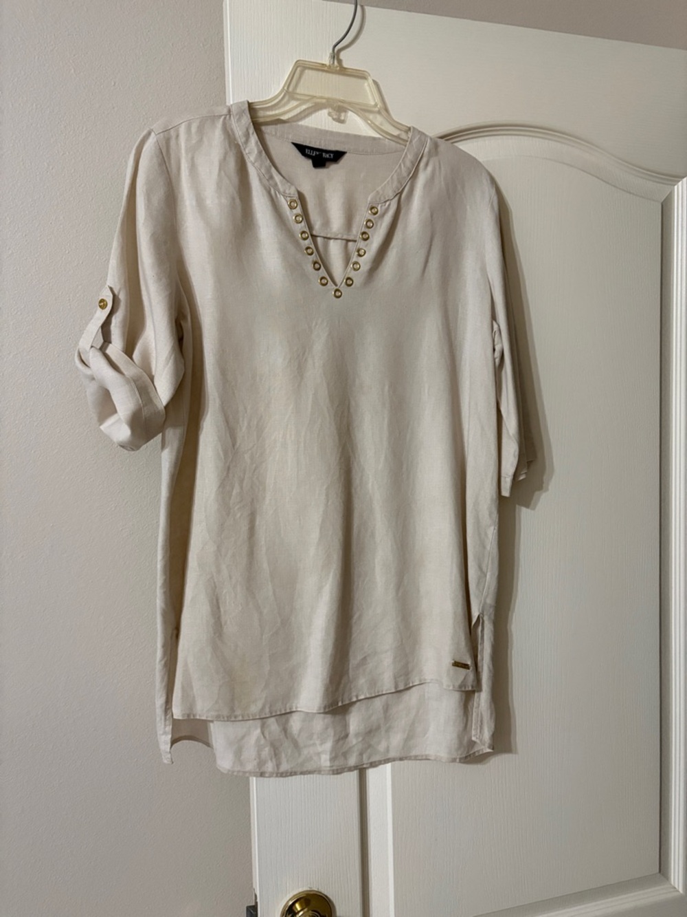 Ellen Tracy Cream Maxi Tunic with Gold Grommet V-Neck